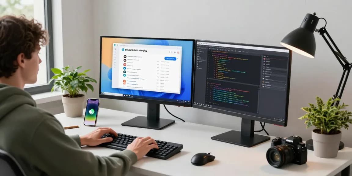 Engaged user navigating the Telegram Web Version on dual monitors in a modern office.