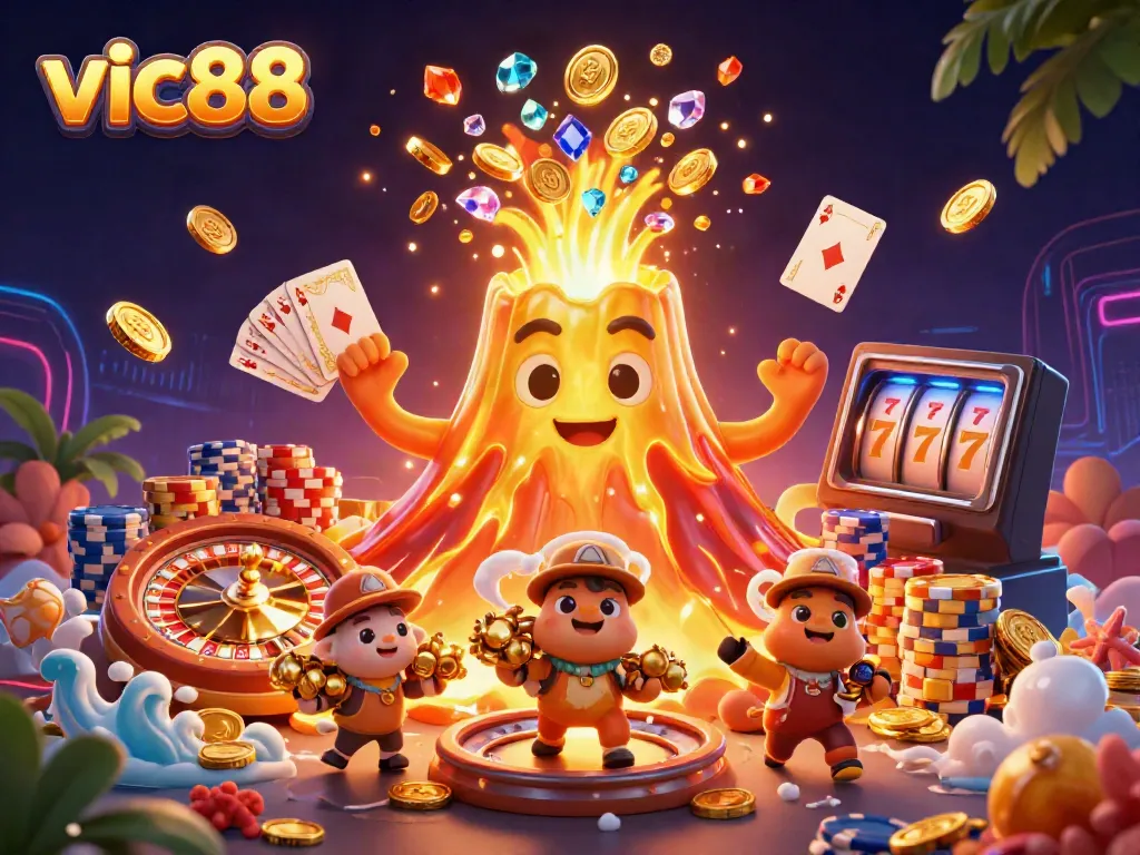 Experience the thrill of winning at vic88 with this vibrant illustration of a golden volcano erupting treasures in a lively casino environment.