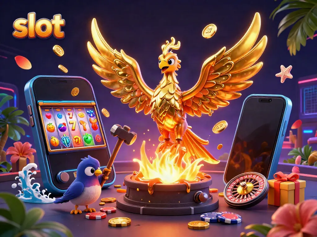 Experience the thrill of slot games with this vibrant 3D illustration featuring a golden phoenix and exciting casino elements.