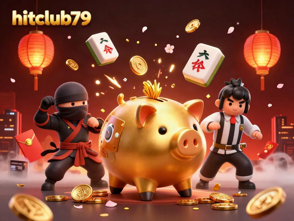 Play at hitclub79 with a dynamic scene of a piggy bank sumo wrestler, ninja, and samurai amidst festive gambling elements.
