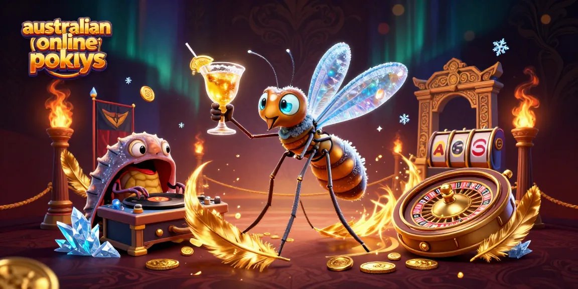 Play australian online pokies with a vibrant casino experience featuring a unique frozen mosquito and trilobite DJ.