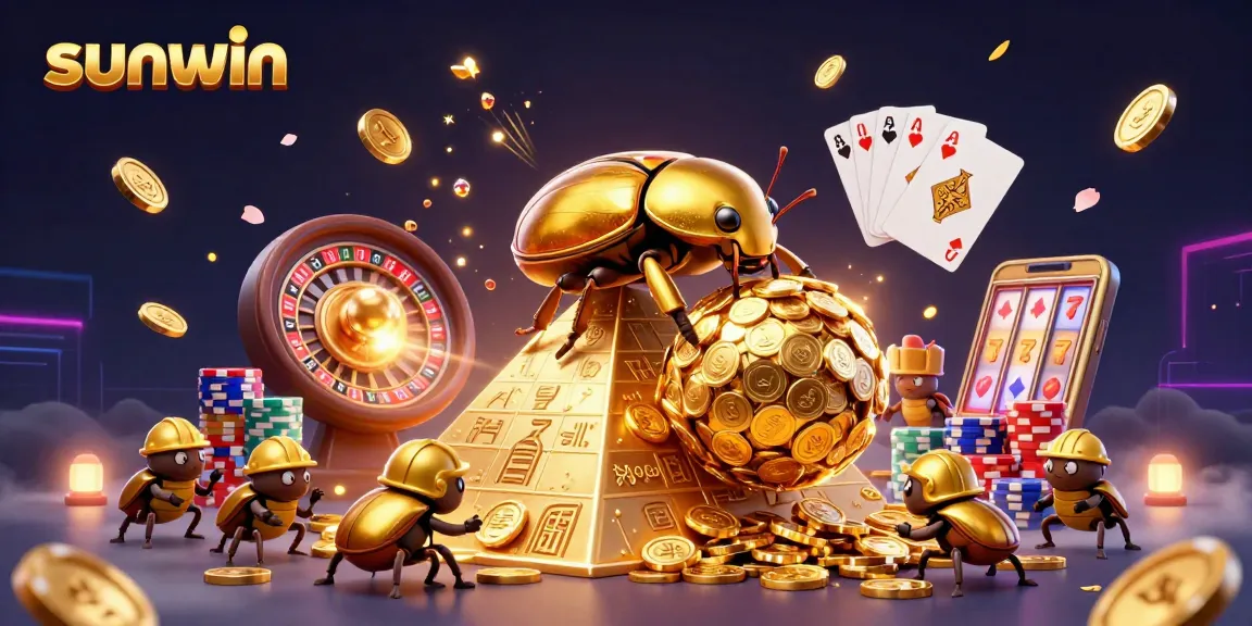 Experience the excitement of sunwin with golden coins and casino thrills in a vibrant 3D illustration.