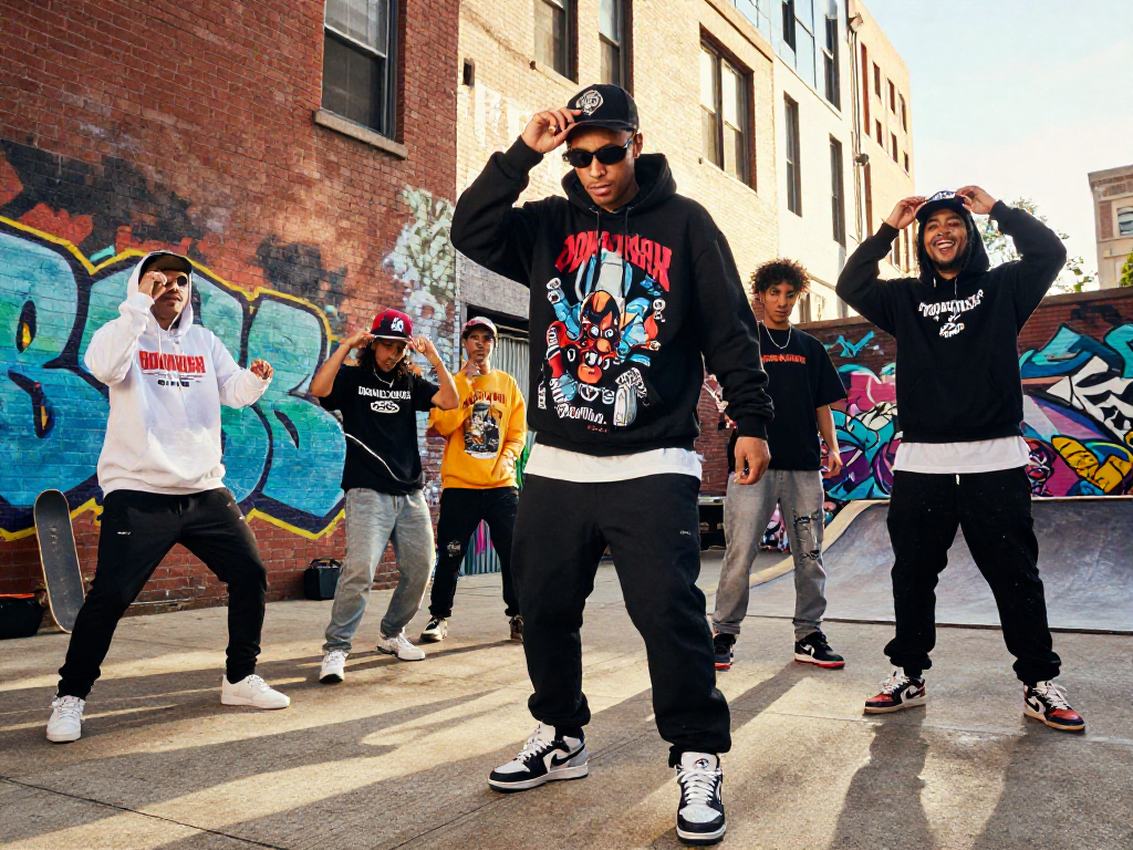Group of friends showcasing exclusive rokok 88 streetwear, vibrant graffiti backdrop, showcasing urban lifestyle.