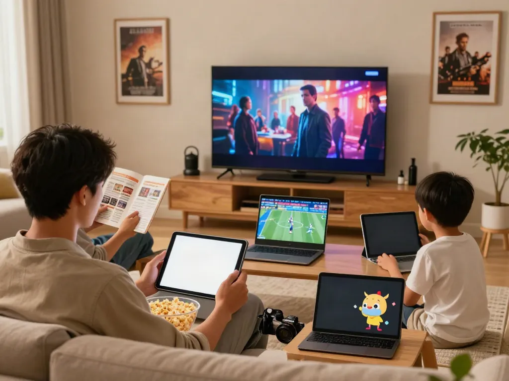Pikashow APK interface displayed on a tablet in a cozy living room with family enjoying diverse entertainment.