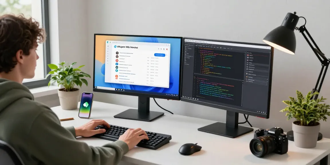 Engaged user navigating the Telegram Web Version on dual monitors in a modern office.