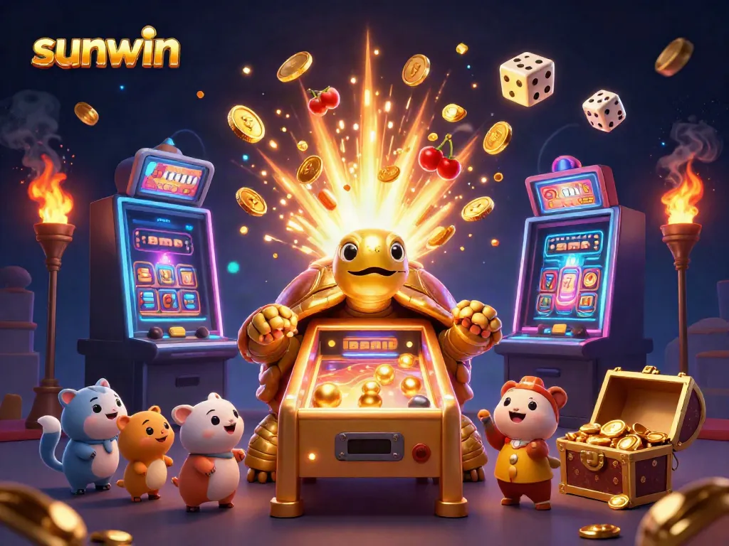 Experience the excitement of sunwin with a dynamic gaming scene featuring golden tortoise, slot machine, and vibrant game elements.