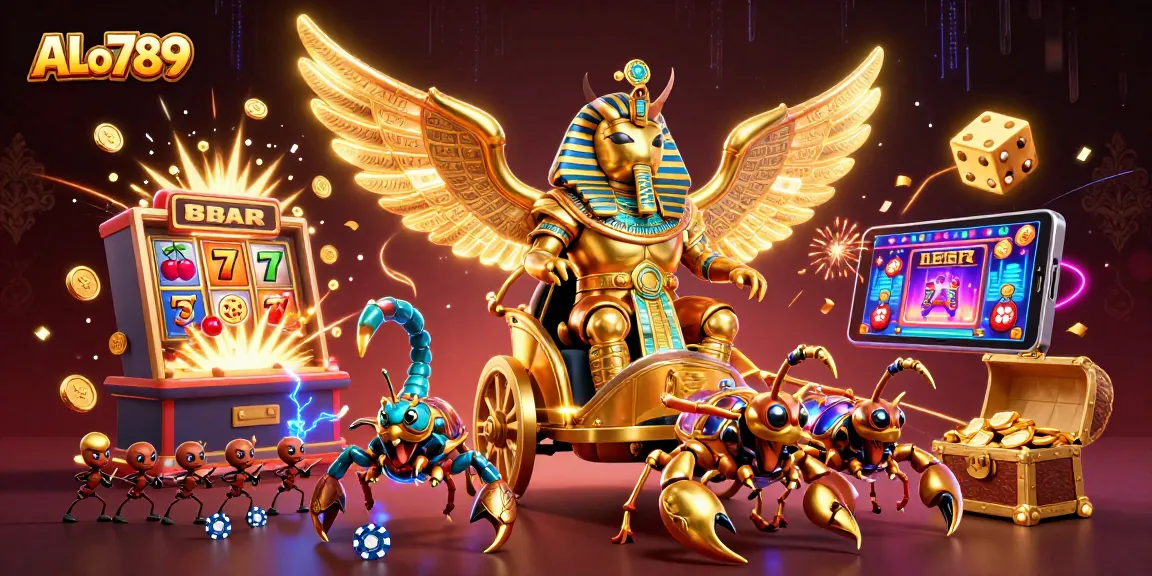 Join the thrills at ALo789 with dynamic casino action featuring a golden scarab and vibrant games.