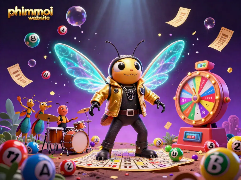 Engaging scene of the phimmoi website's vibrant 3D illustration showcasing a rock star cicada and casino elements.