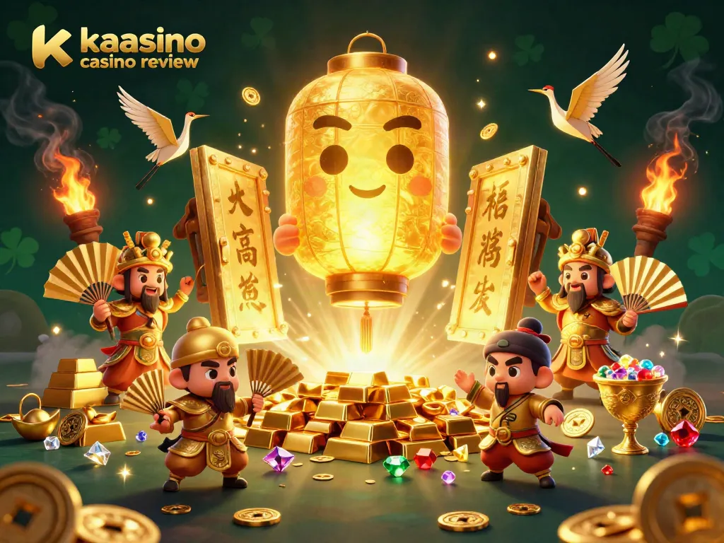 Kaasino casino review showcases a vibrant 3D casino scene with golden elements and lucky symbols.