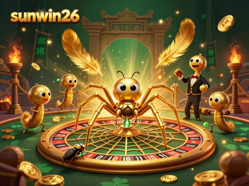 Experience sunwin26's thrilling roulette wheel game in this vibrant 3D scene with playful characters.