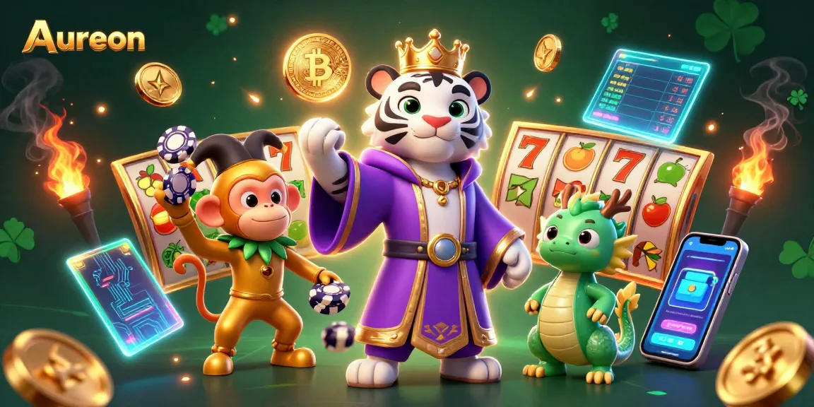 Aureon Casino showcases thrilling slots with a tiger and monkey in vibrant digital art.